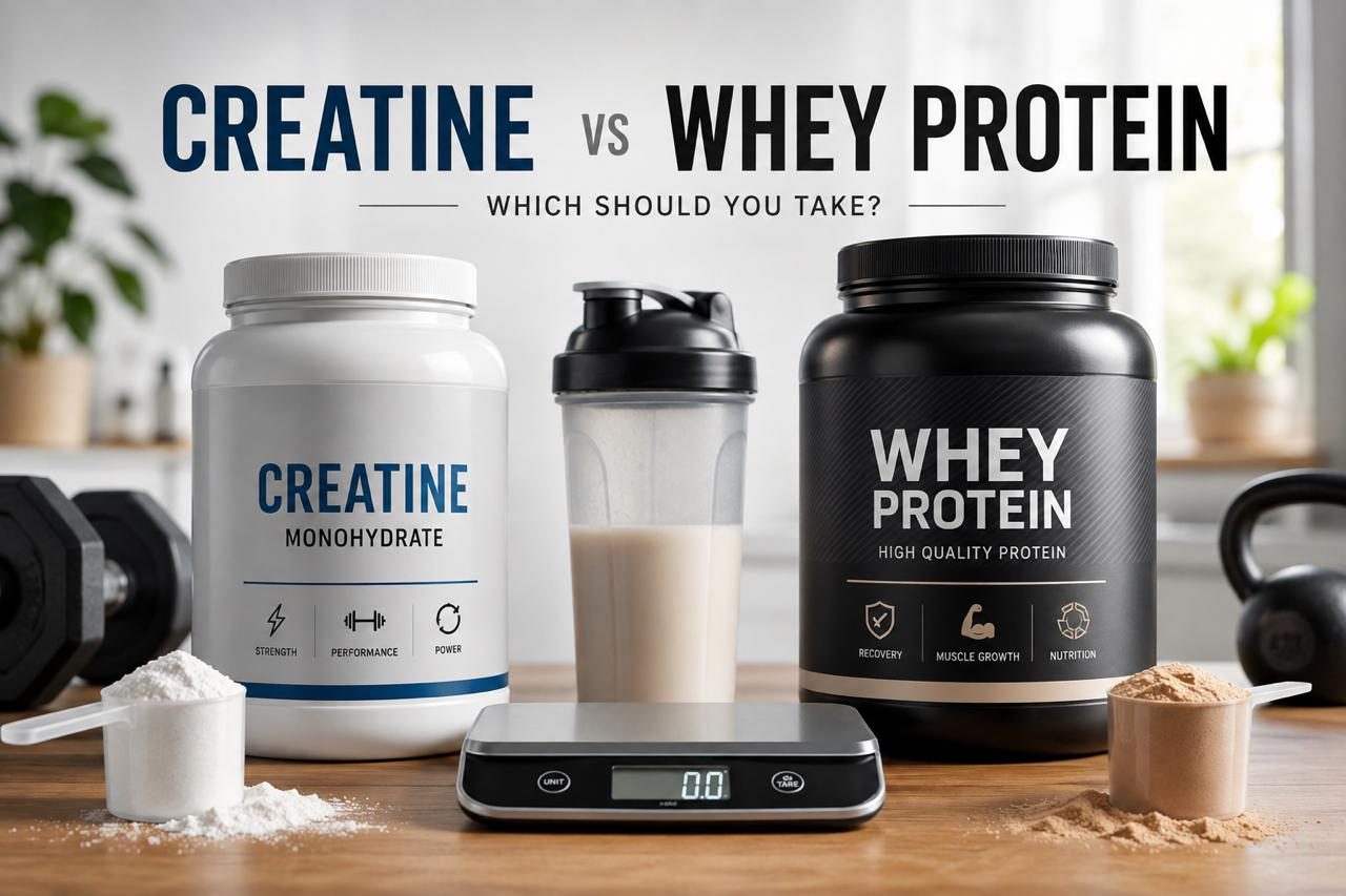 Generic creatine and whey protein containers beside a shaker bottle, digital kitchen scale, and measuring scoops on a countertop.