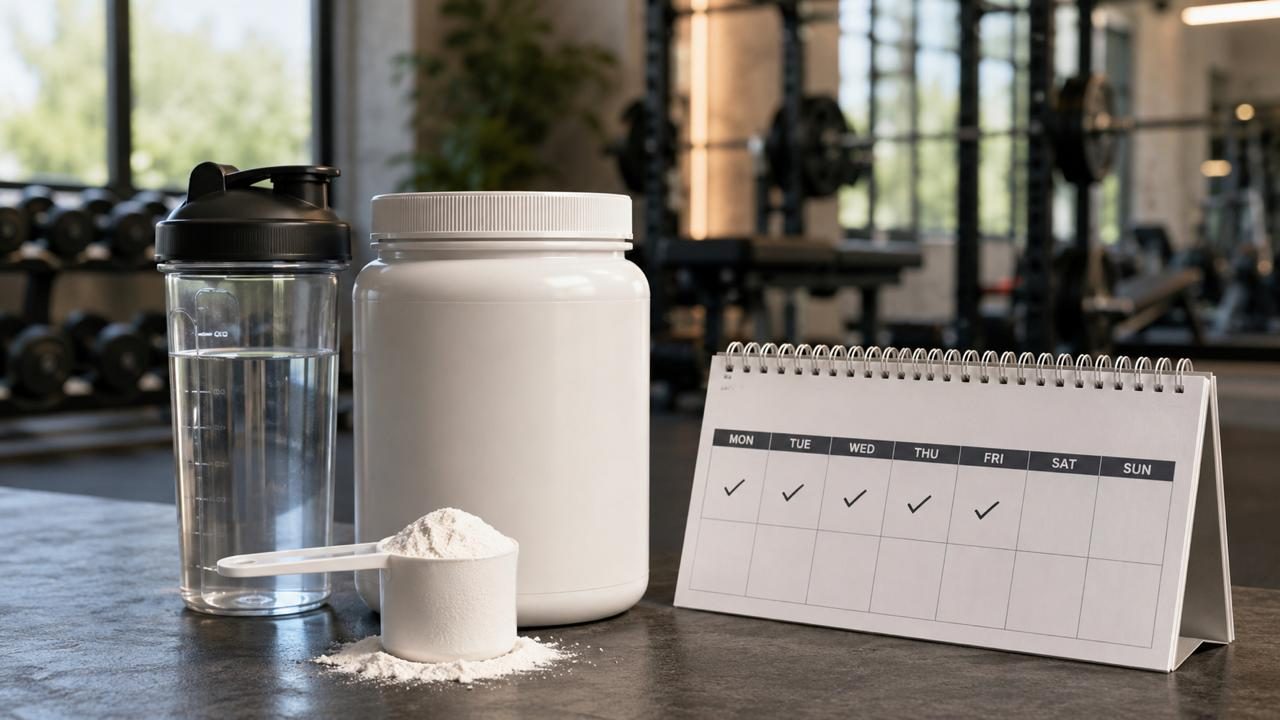 Unbranded creatine monohydrate container, shaker bottle, and weekly workout planner representing the time it takes for creatine to work.