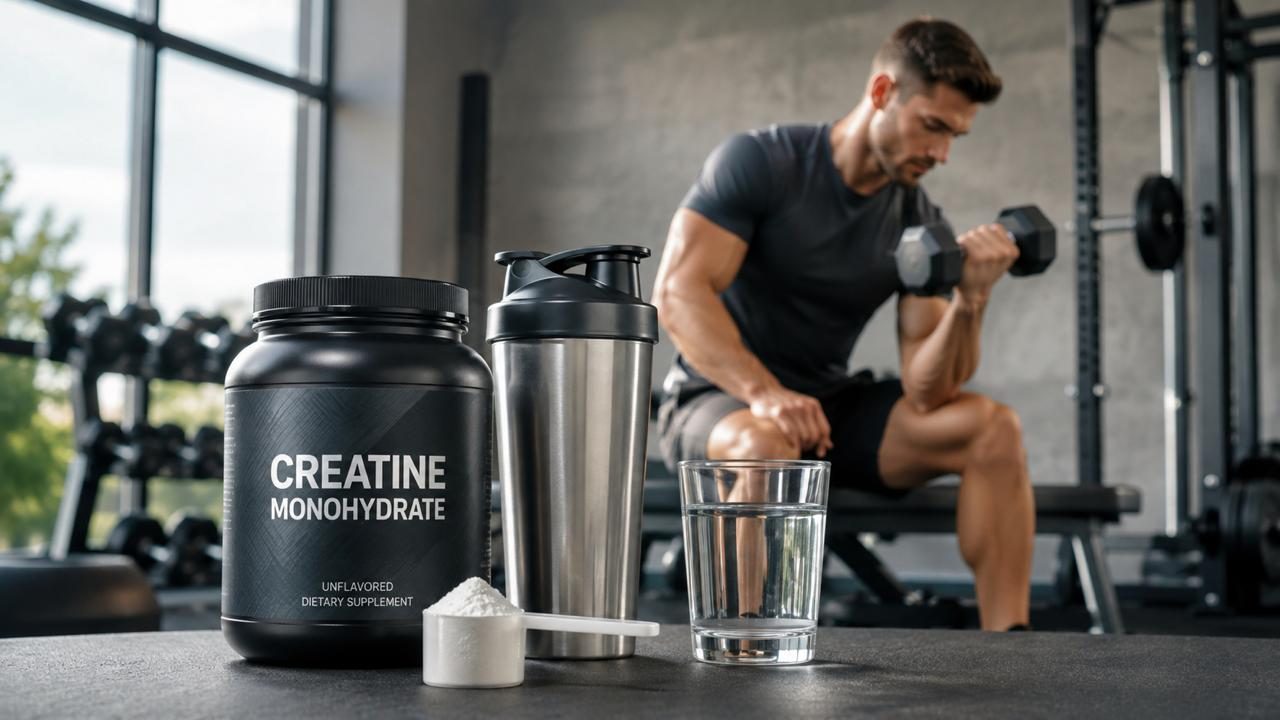 Athlete performing a dumbbell curl beside creatine monohydrate, a stainless steel shaker, and a glass of water in a modern gym.
