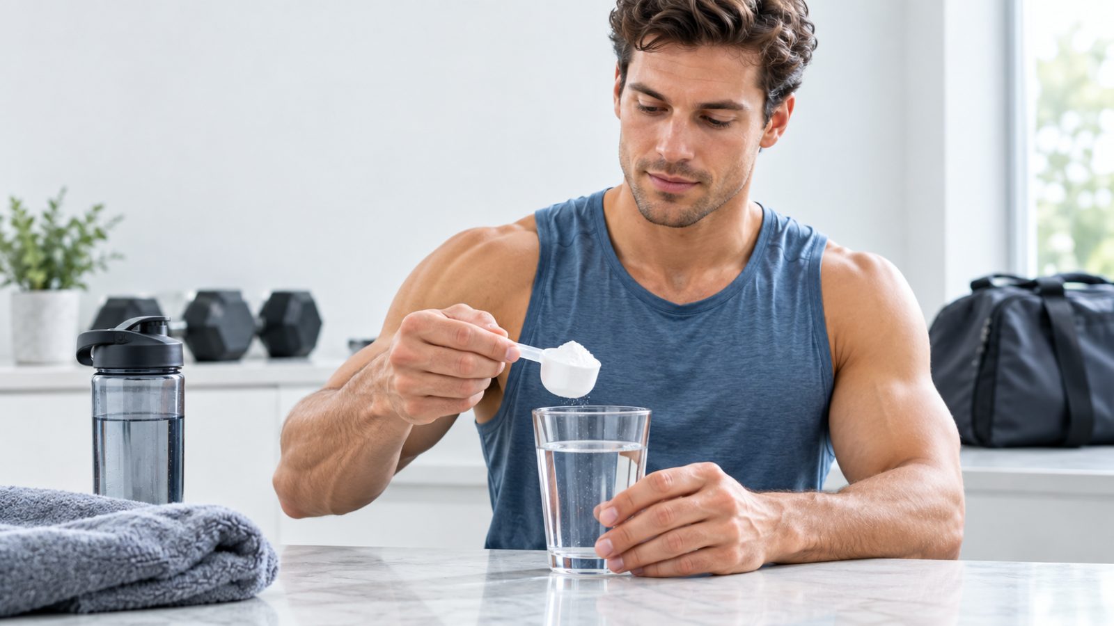 Container of creatine monohydrate beside a shaker bottle and gym equipment.