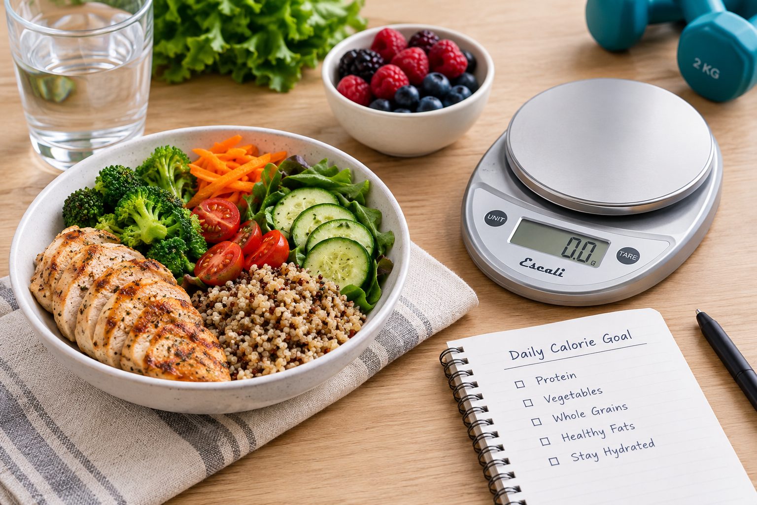 Healthy balanced meal with vegetables, protein, grains, and a digital food scale representing calorie tracking for weight loss