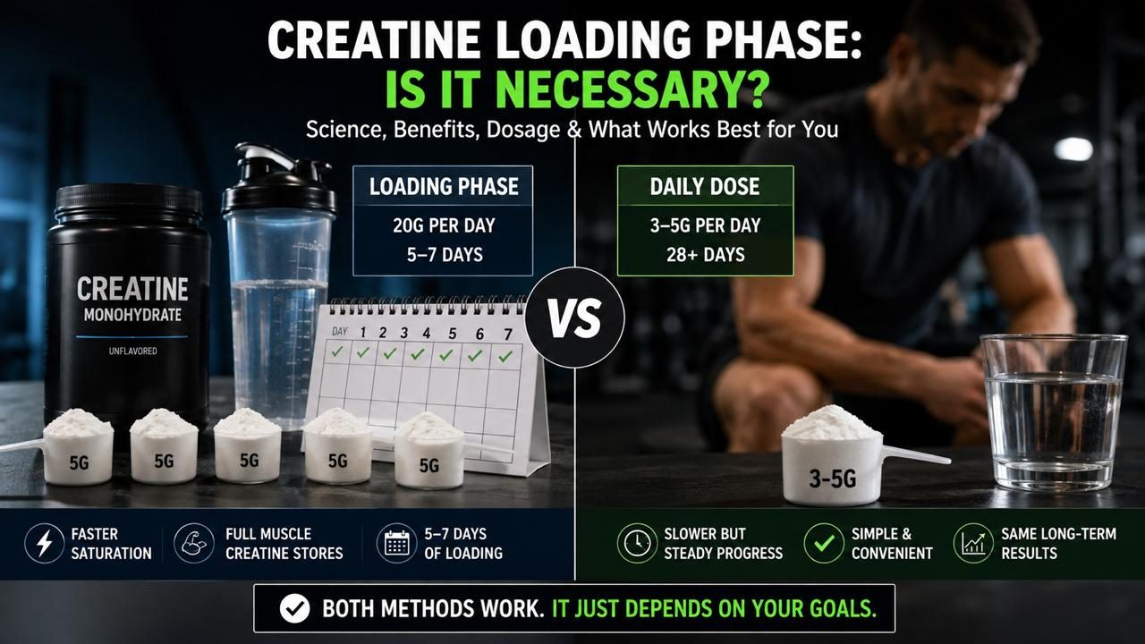 Comparison of a creatine loading phase and a daily maintenance dose with creatine powder, shaker bottle and water in a gym.